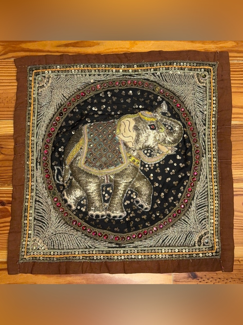 Vintage Asian Elephant Tapestry 3D Raised Handcraft Embroidered Sequins Art 17"